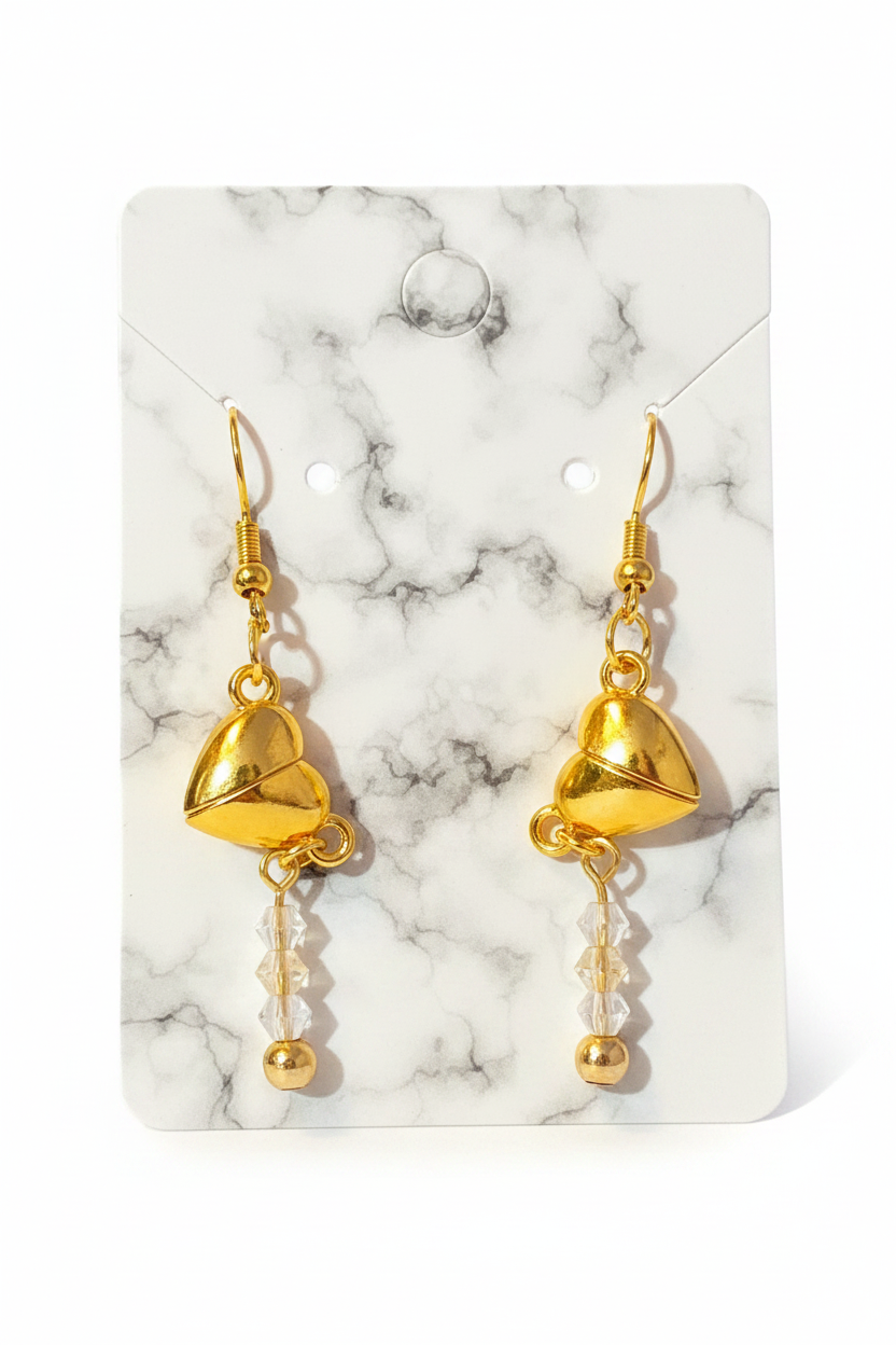 Gold Magnetic Puff Heart Crystal Drop Earrings
